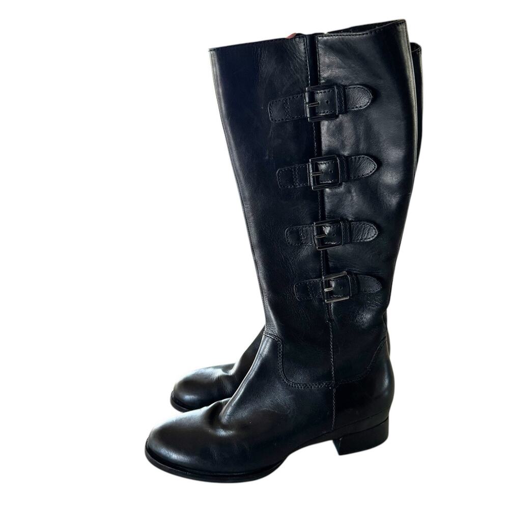Ecco Hobart Tall Riding Boots Women's 7-7.5 / EU‎ 38 Black Leather Zip 3 Buckle